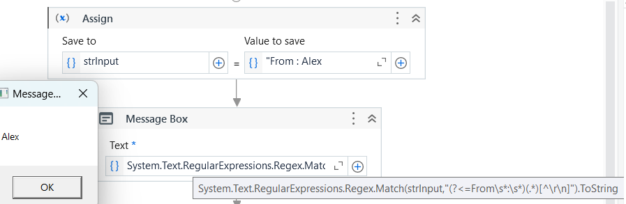 This image shows a visual programming environment where a string "From: Alex" is assigned to a variable and then processed using a regular expression to display "Alex" in a message box. (Captioned by AI)