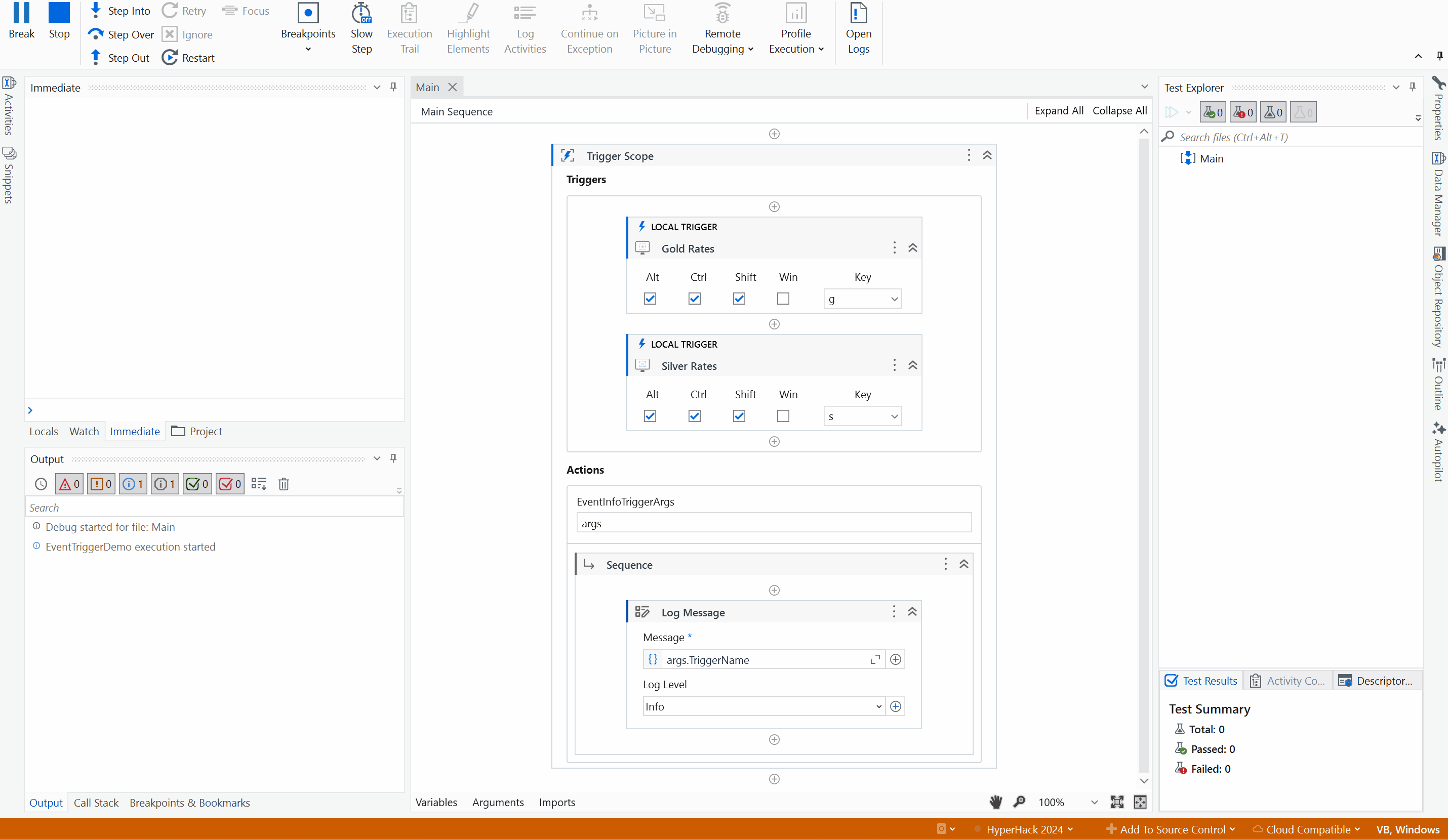 A screenshot shows the UiPath Studio interface with an automation project open, displaying a workflow with key triggers and a log message action. (Captioned by AI)