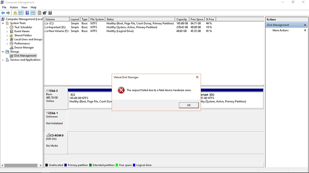 Virtual disk manager says the request failed due to a fatal device