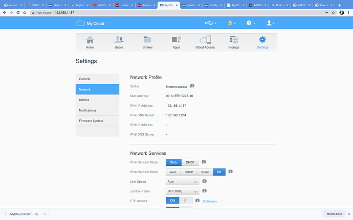 Network settings showing correct internet access