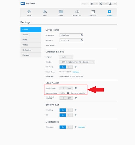 WD My Cloud Dashboard Settings
